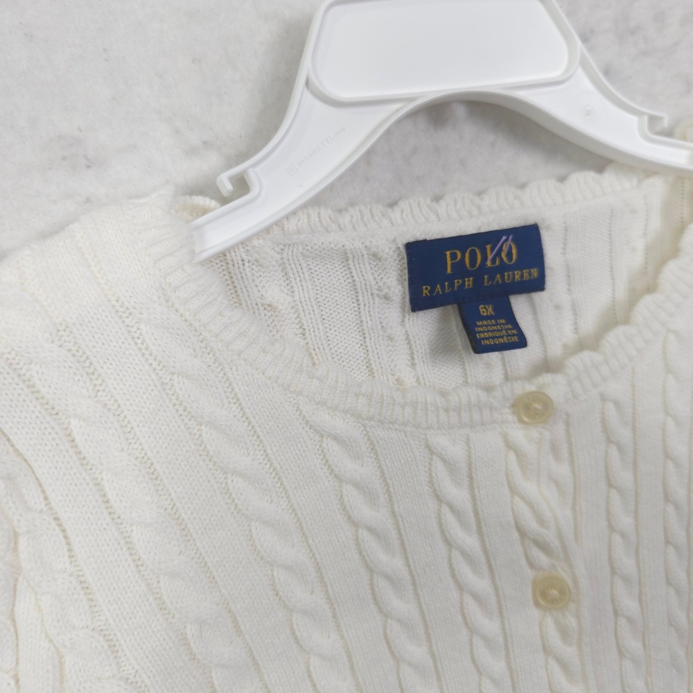 Polo Ralph Lauren Cardigan Girls 6X White Cable Knit Scalloped Sweater Pony Logo